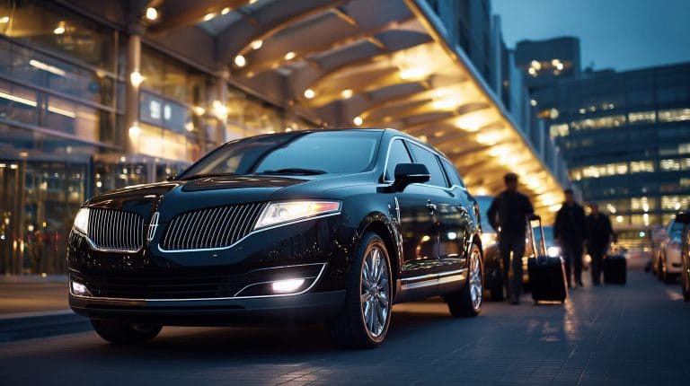 Private airport limo Toronto travelers trust - black Lincoln MKT parked outside Pearson Airport terminal at dusk, passengers exiting with luggage.