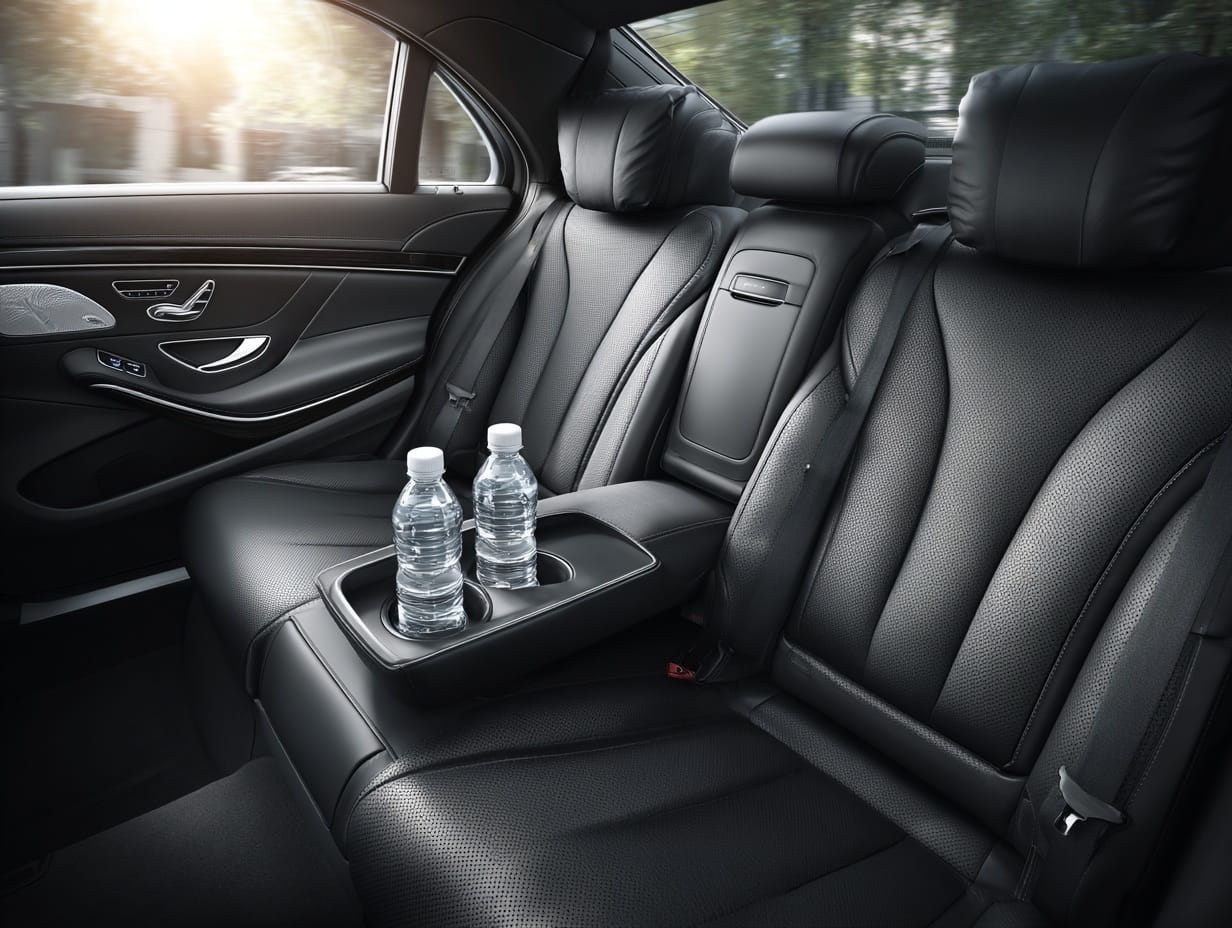 Interior of a Mercedes S-Class limousine with two water bottles in center cup holders, black leather seats, natural daylight.