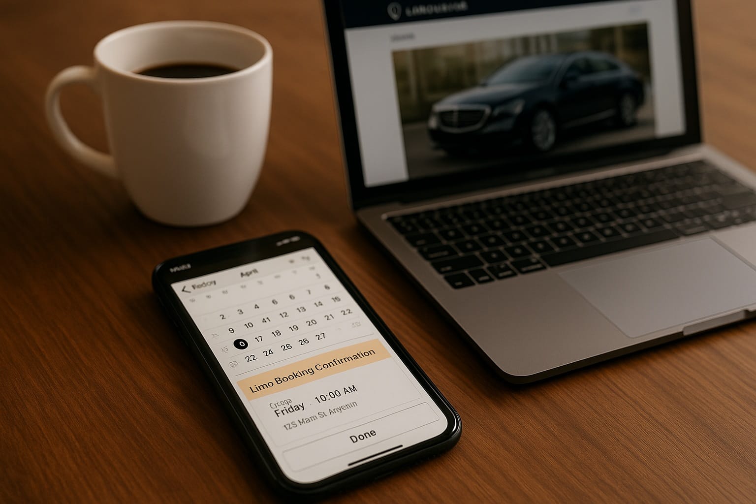 Smartphone screen displaying a limo booking confirmation and calendar app, with website open in background.
