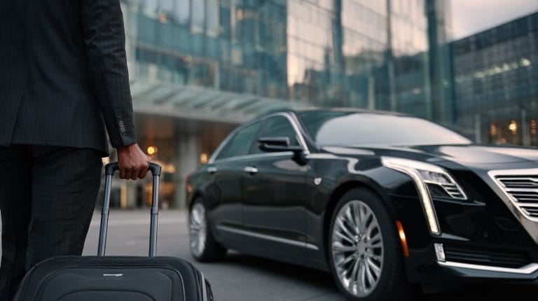 Professional chauffeur loading luggage beside a Cadillac as part of a limo service Brampton airport transfer.