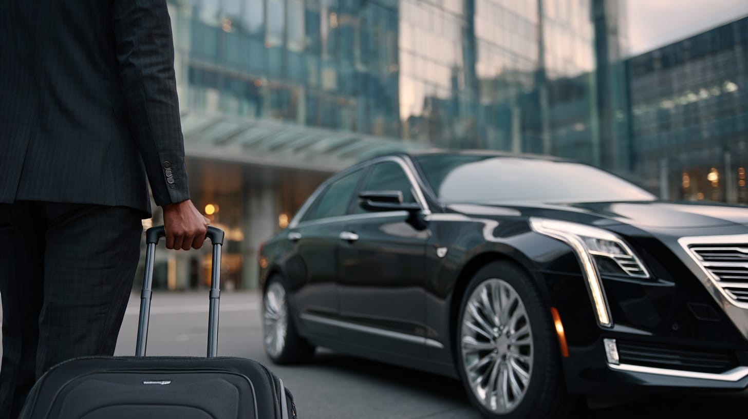 Professional chauffeur loading luggage beside a Cadillac as part of a limo service Brampton airport transfer.