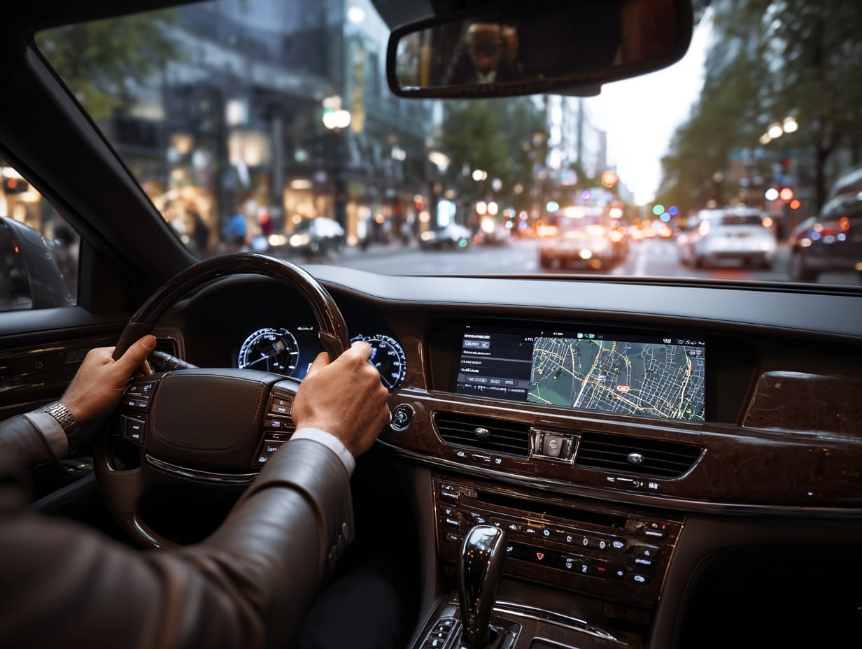 Dashboard view from inside a limo showing driver’s hands on the wheel and GPS display, with city lights visible through the windshield.