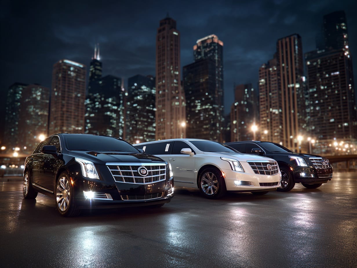 Three luxury limousines - a black sedan, white stretch limo, and black SUV, parked side by side in front of a city skyline at night with wet pavement reflecting the lights.