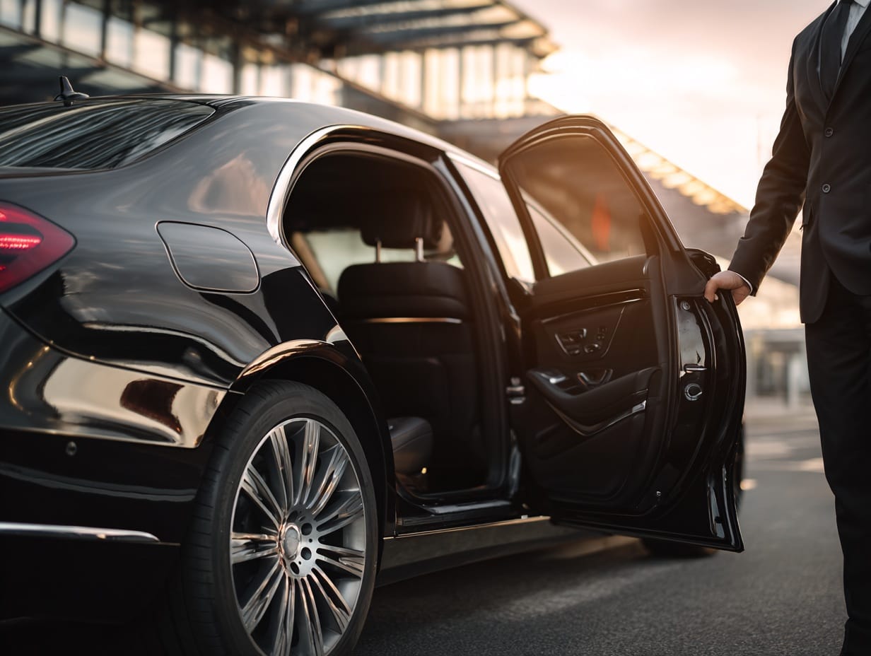 Chauffeur standing beside a luxury black sedan with the rear door open in a modern city setting, ready to assist an arriving passenger. Scene conveys professionalism and first-class airport service.