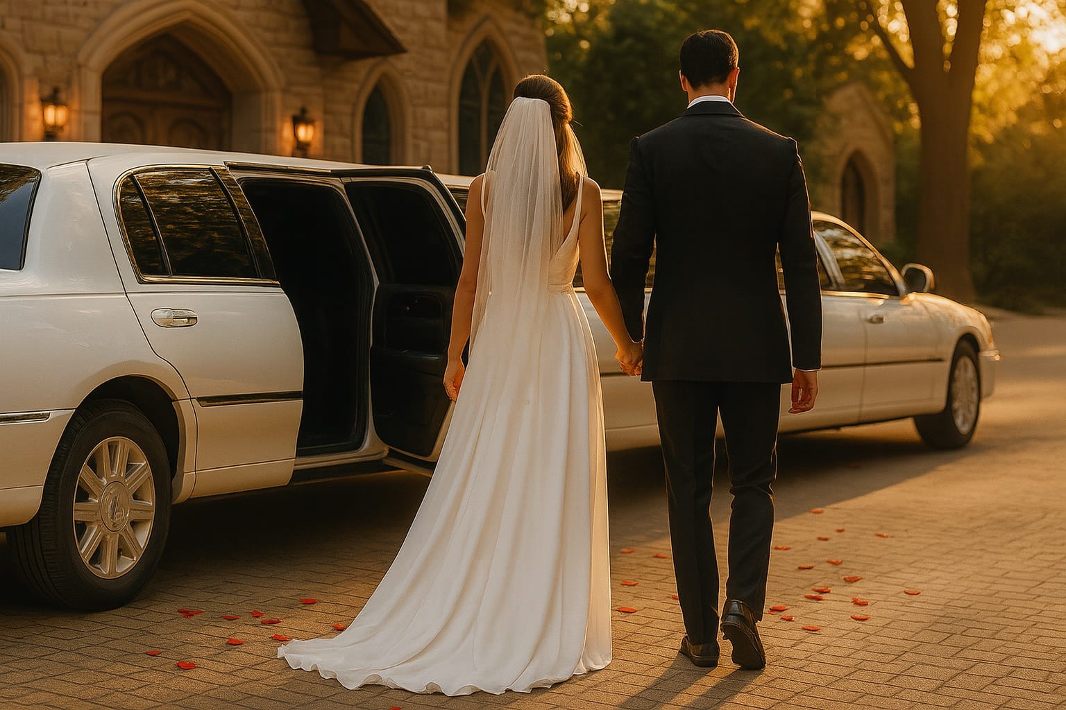 Bride and groom stepping out of a white stretch limousine at golden hour, seen from behind. The bride wears a flowing gown, and the groom is in a tuxedo. Flower petals are scattered on the ground.