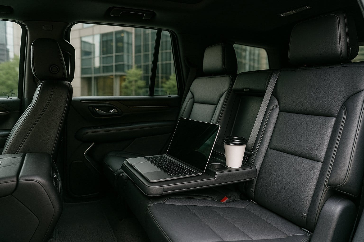 Rear passenger view of a black Chevy Suburban interior with leather seats and privacy glass, perfect for executive travel.