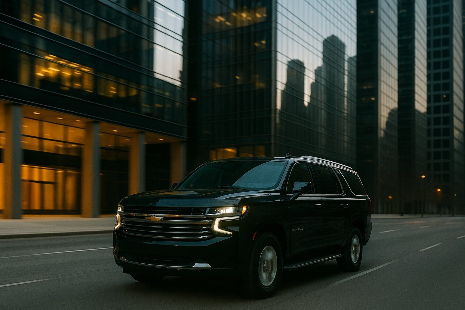Black Chevy Suburban driving through Toronto’s business district, ideal for corporate transportation services.