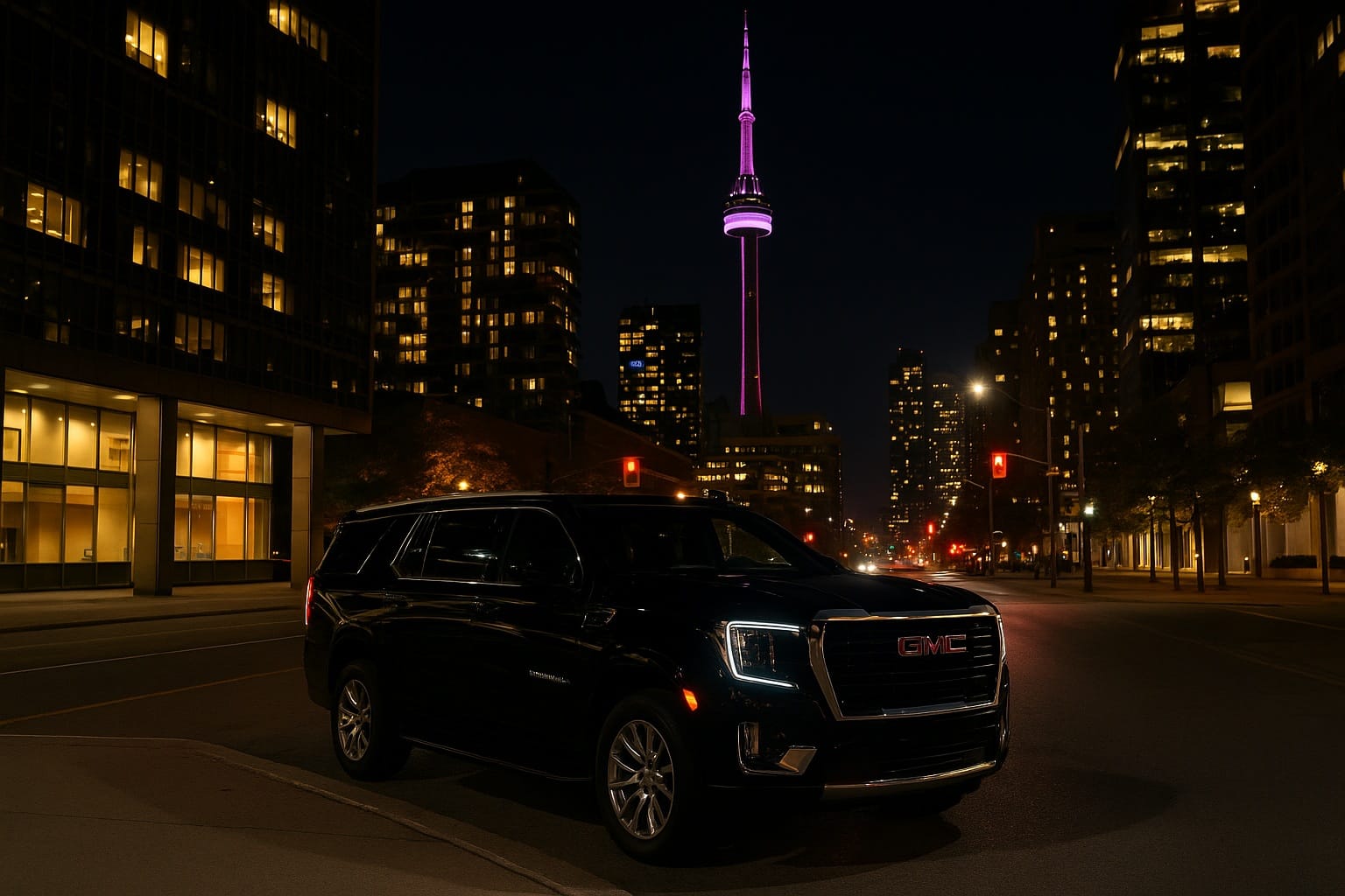 Black GMC Yukon Denali limo for a night out in Toronto with CN Tower in background.