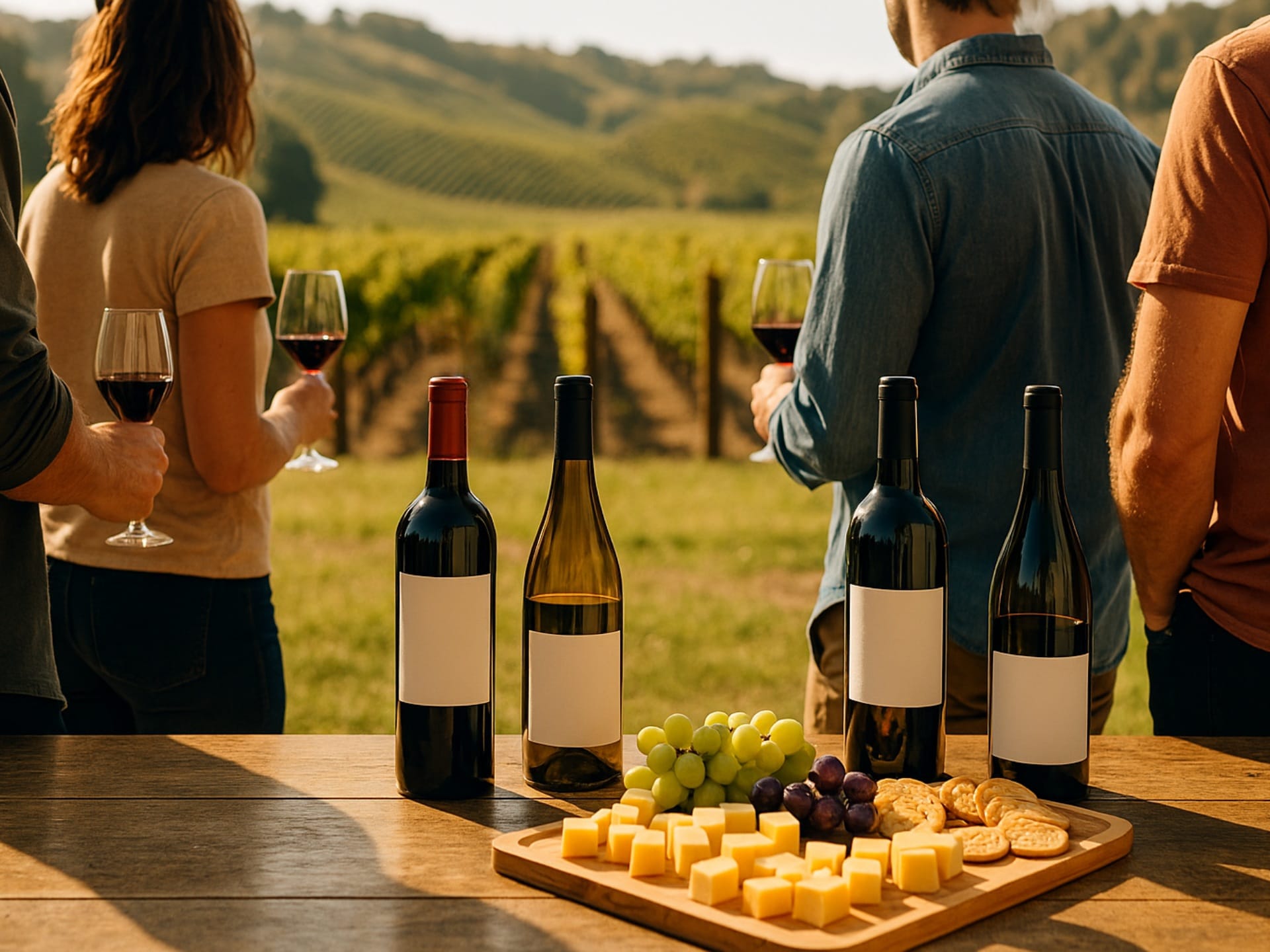 Guests enjoying wine tasting at Niagara winery with vineyard view in background.