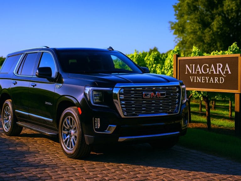 Luxury black limo SUV parked at a Niagara vineyard entrance during Niagara wine tour experience.