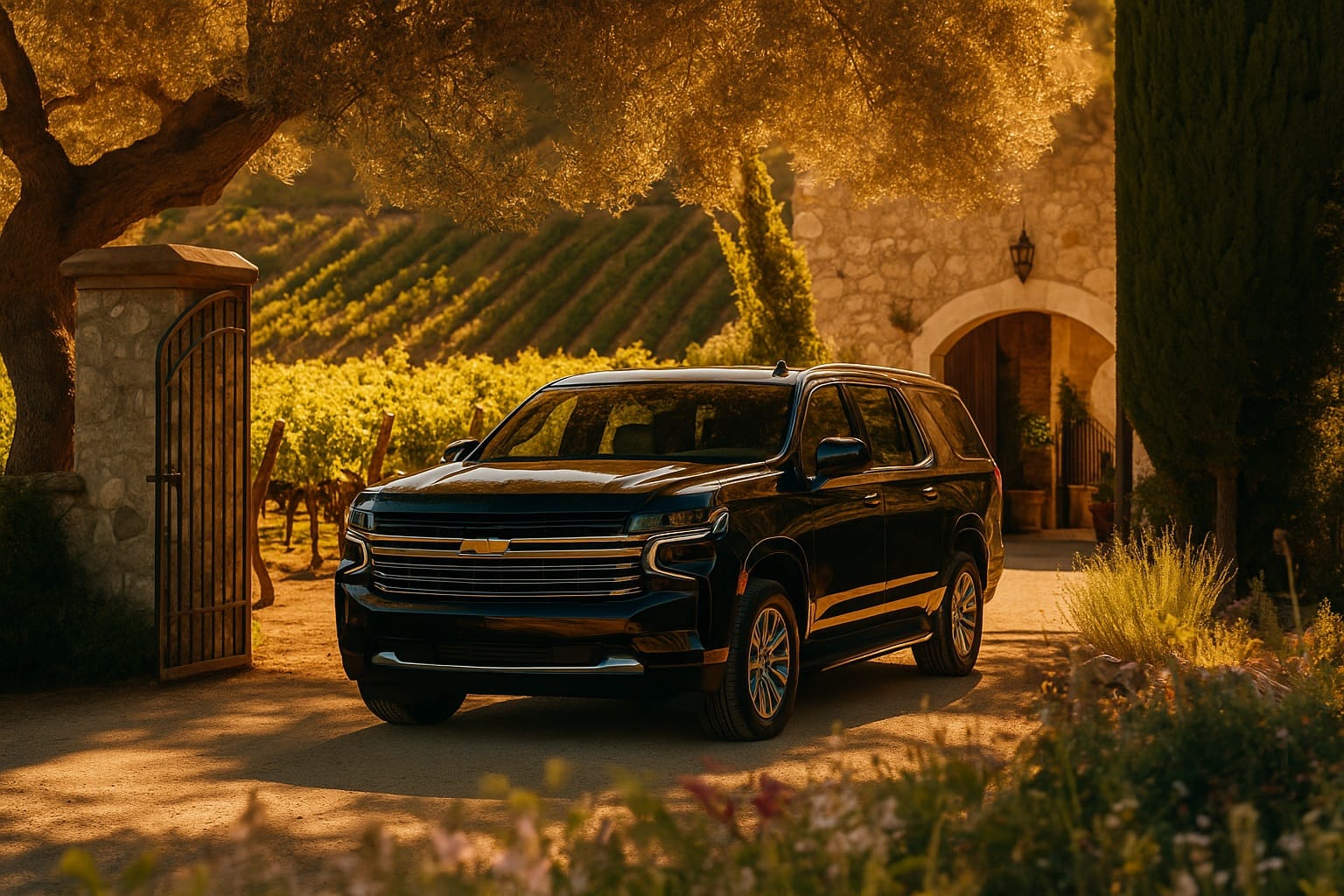 Black luxury limo parked in courtyard of vineyard.