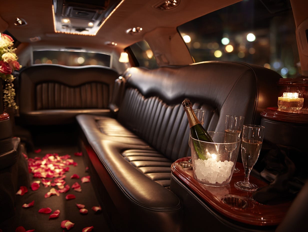 Interior of a wedding limousine featuring leather seating, champagne on ice, and soft ambient lighting.