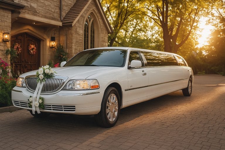 White stretch wedding limousine decorated with flowers and ribbon parked in front of a garden venue in Mississauga.